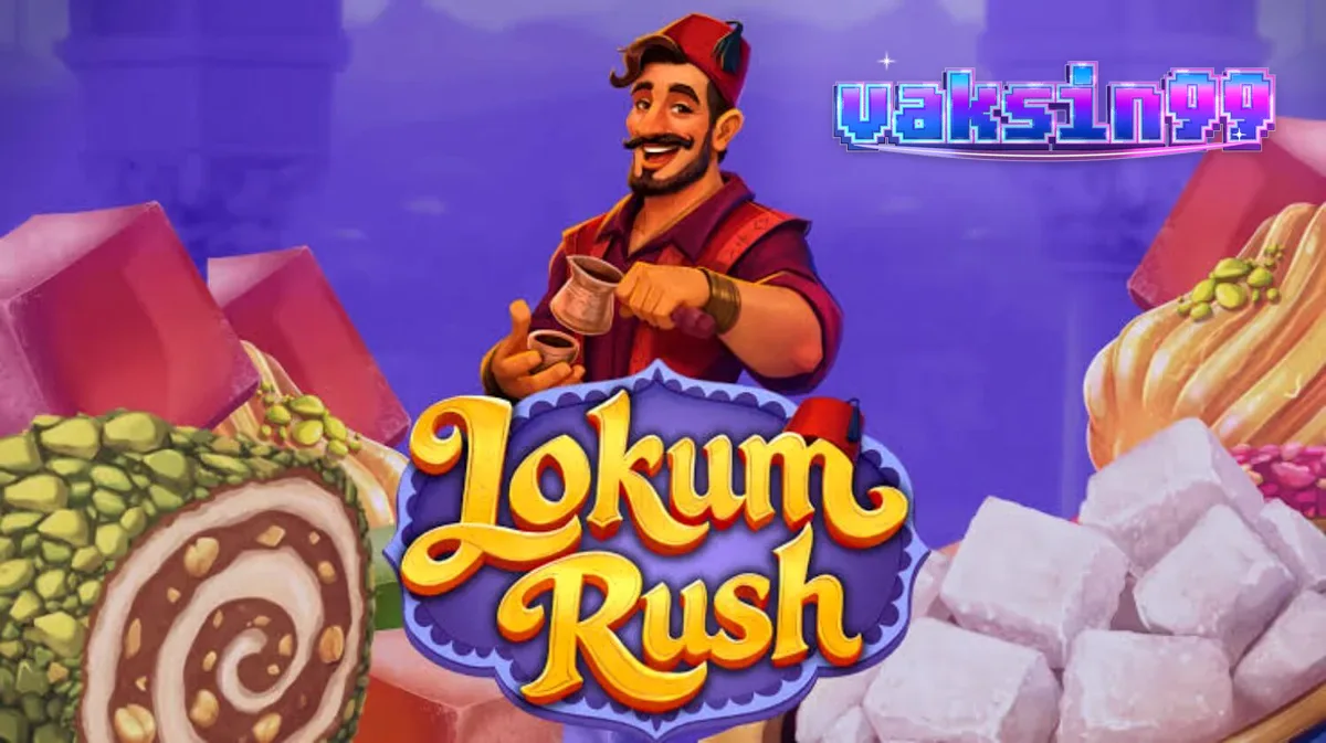 Tampilan visual slot Lokum Rush dengan tema toko manisan Turki yang penuh warna.