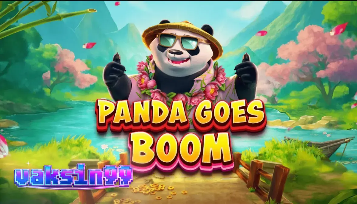 Panda santai dengan koktail di latar belakang slot Panda Goes Boom